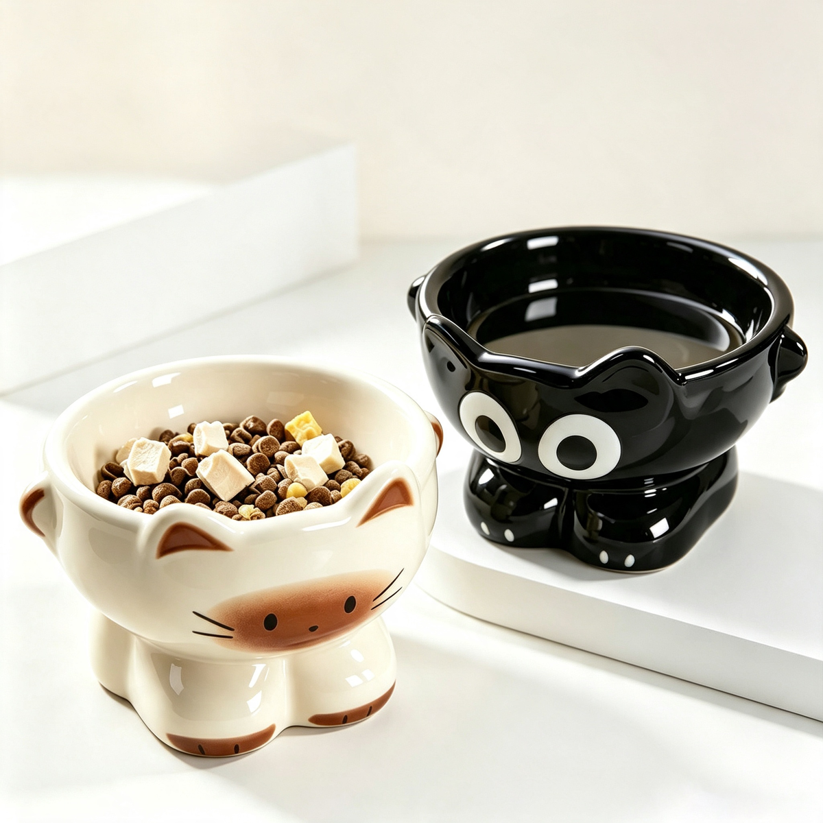 Cute Cartoon Cat Shaped Elevated Ceramic Cat Bowl